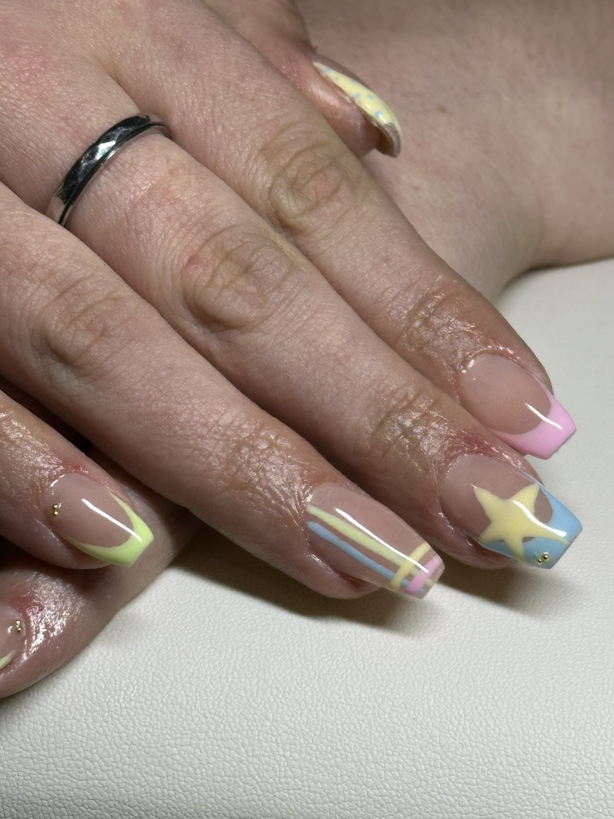 Pastel acrylic set with hand-painted stars, stripes and gold bead detailing